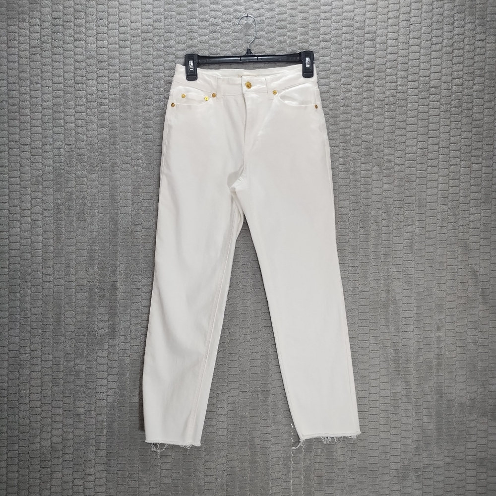 Oat New York-White Straight Leg Jean-Raw Hem-Gold Seashell Buttons-Coastal-Sz 27